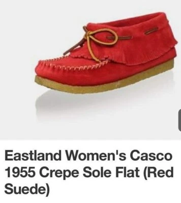 Mocassins Eastland Casco 1955 couro camurça franja vermelha botas de tornozelo sapatos baixos  - Imagem 1 de 4