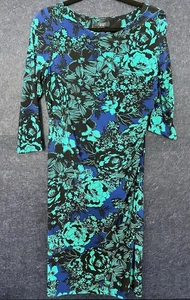 Chaps Dress Women’s Large Blue Floral Ruched Waist Long Sleeve Bodycon - Picture 1 of 4