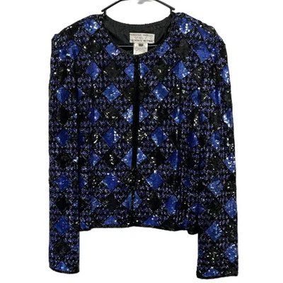 Chaqueta a Cuadros Adrianna Papell Vintage Años 90 Azul Negro Seda Lentejuelas XL Foto 1 de 4