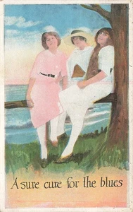 THREE PRETTY GIRLS ON BRANCH A SURE CURE FOR THE BLUES c1920s POSTCARD 110625 U - Picture 1 of 2