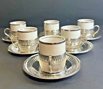 Juego de 6 tazas y platillos de café espresso de porcelana brasileña Demitasse plateados Foto 1 de 4