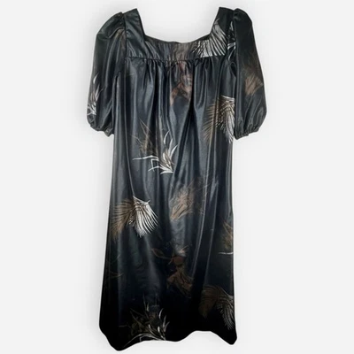 Vintage 70s Mindy Malone Black Floral Palm Leaf Midi Dress Sz 9 10 Puffy Sleeves - Image 1 of 4