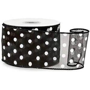2.5" Wide Black with White Polka Dots Sheer Wired Ribbon - 25 Yards (52939) - Picture 1 of 1