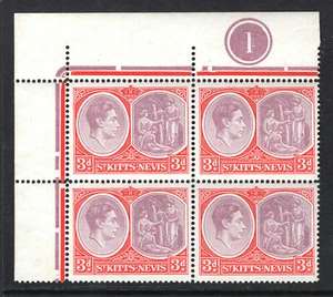 M26005 St. Kitts & Nevis 1949 KGVI 3d rose lilac & bright scarlet PLATE block - Picture 1 of 1