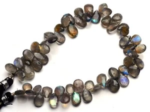 Natural Gem Blue Flash Labradorite 8x6 to 9x7MM Faceted Pear Shape Briolettes 8" - Picture 1 of 6