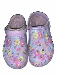 Crocs Baya Purple Floral Fur Lined Clog Shoes size J 3 - Picture 1 of 7