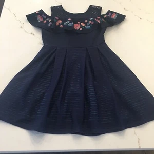 Girls Navy/turquoise Netted Striped  Off Shoulder Floral Embroidered Dress Sz 12 - Picture 1 of 11