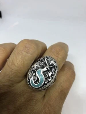 Vintage Southwestern Silver Men's Turquoise Stone Inlay Mermaid 12.25 Ring - Image 1 of 4
