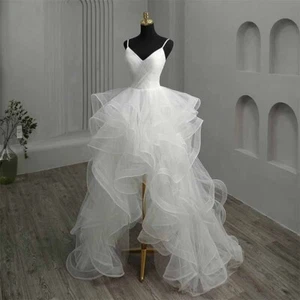 Women's White Tulle Wedding Dress – V-Neck Spaghetti Straps Bridal Gown - Picture 1 of 6