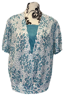 Womens Vintage Top Sz 18 Turquoise Blue White Loose Fit Blouse Shoulder Pads 80s - Image 1 of 4