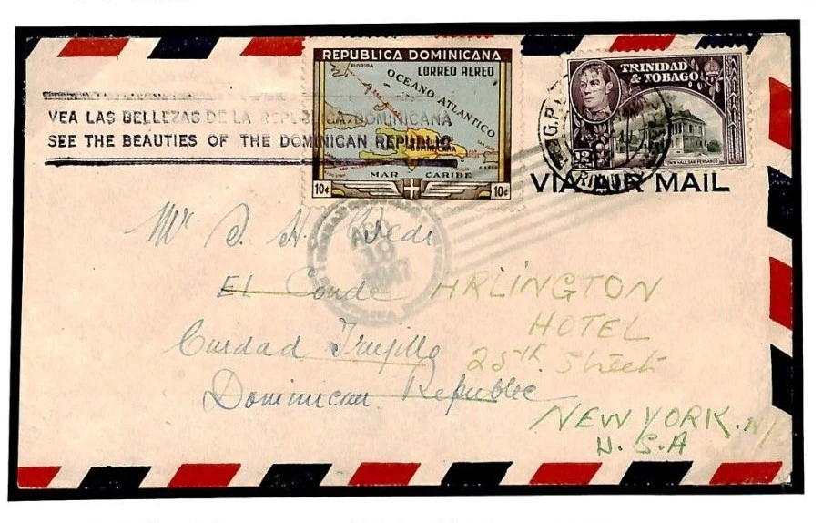 TRINIDAD & DOMINICAN REP Combination Cover Air Mail USA New York 1947 Y119b - Image 1 of 4