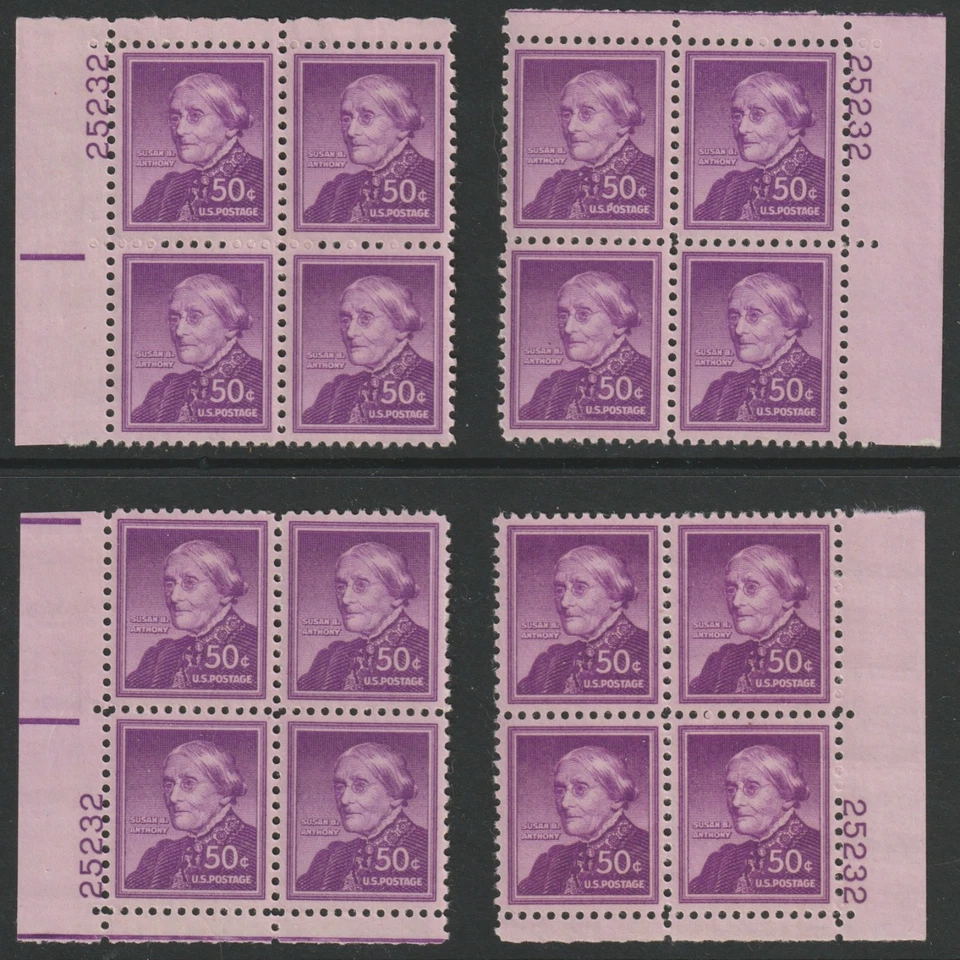 Scott 1051 50¢ Susan B Anthony Plate Block Hoard 100 Various Numbers & Positions - Image 1 of 1