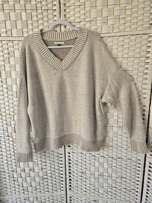 Suéter para mujer American Eagle L de gran tamaño beige cuello en V 100 % algodón hombro caído Foto 1 de 3