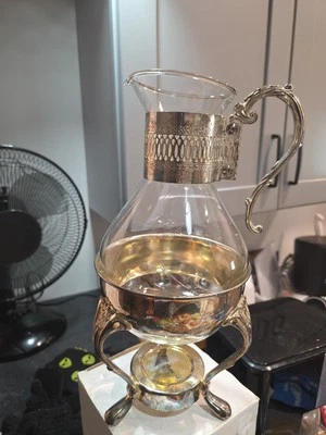 Jarra y calentador de café/té de vidrio con plato de plata Sheffield (estampado) raro de colección Foto 1 de 4