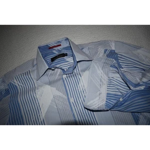 Bugatchi Uomo Dress Shirt Mens Size Medium Blue Geometric Designs Flip Cuffs - Picture 1 of 7