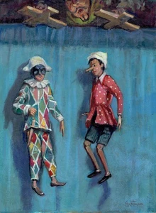 Dipinto Olio Teatro Burattini Pinocchio Arlecchino Mangiafuoco Vaccaro cm 30x40 - Picture 1 of 2