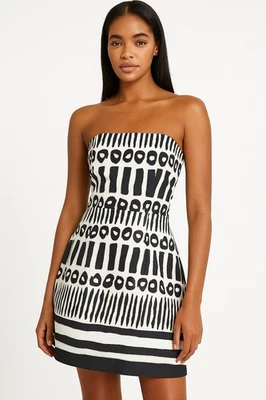 Laundry Shelli Segal 12 Cotton Strapless Mini Dress White Black Stripes Modern - Image 1 of 4