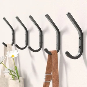 Wall Hooks for Hanging Coats - 5 Pack Black 3.2'' Double Hook Design, Hat Org... - Picture 1 of 7