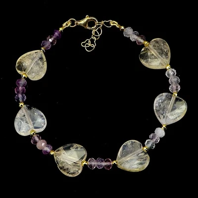 925纯银手链心形黄水晶12毫米氟石宝石首饰7.5英寸 — 第 1/4 张图片