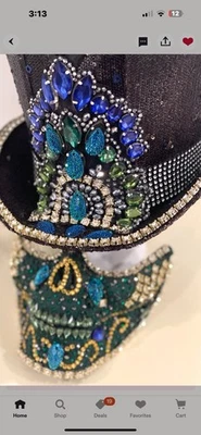 Fabulous Bejeweled Hat and 1/2 Mask! Handmade In England! One of A Kind New! - Image 1 of 4