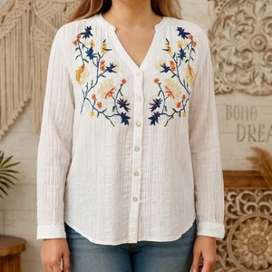 cotton traders folk tunic shirt sz 12 white embroidered blouse women floral boho - Picture 1 of 6
