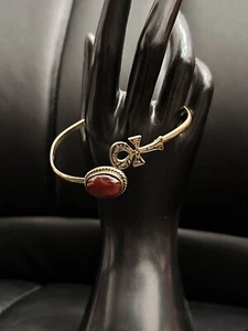 Brass Open Cuff Bangle Bracelet Agate Sz 7 Egyptian Style key of life 5262 W - Picture 1 of 7
