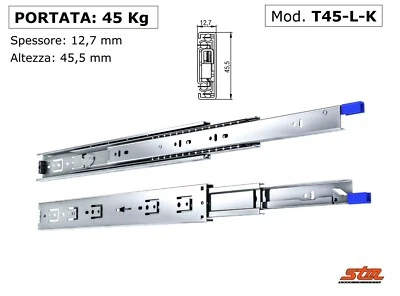 COPPIA GUIDE SCORREVOLI a SFERE per CASSETTI  45 kg CON BLOCCO Estraz Totale - Immagine 1 di 3