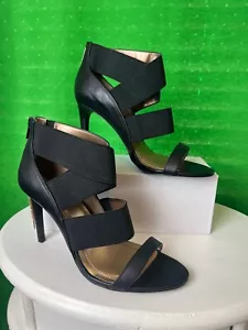 BCBG Paris Black Leather & Canvas Strap Heels NEW 9 - Picture 1 of 4