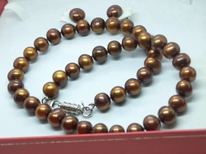 New Sterling Silver 10mm Chocolate Cultured Pearl Necklace & Earrings Set - Picture 1 of 10