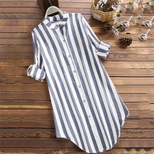 Lady Cotton Linen Shirt Dress Button Down Stripe Loose Retro Kaftan Maxi Dresses - Picture 1 of 16