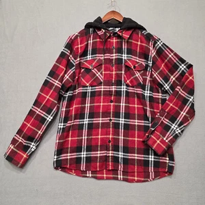 Fly Society Mens Red Plaid Long Sleeve Button Up Flannel Hoodie Size Large - Picture 1 of 6