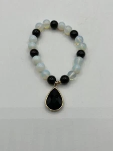Beautiful  Milky White & Black Glass Beads Stretch Bracelet w/ Black Dangle  - Picture 1 of 4