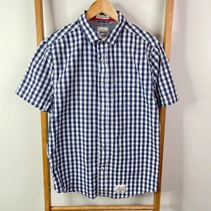 Superdry Button Up Shirt Mens Large Blue White Plaid Short Sleeve Casual Cotton - Picture 1 of 11