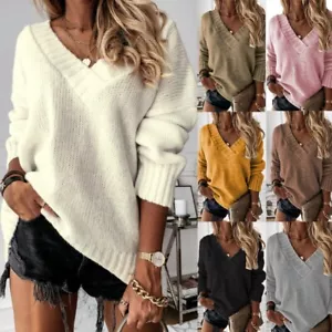 Women V Neck Baggy Sweater Knitted Jumper Ladies Solid Pullover Long Sleeve Tops - Picture 1 of 36