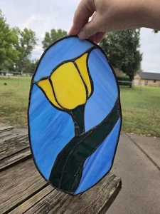 Leaded Floral Stained Glass Yellow Tulip Sun Catcher Flower 7.5" X 14" Hand Made - Picture 1 of 13