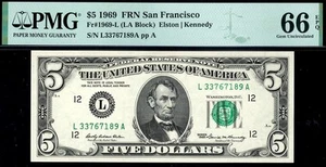 1969 $5 San Francisco Federal Reserve Note FRN • PMG 66 EPQ • Fr.1969-L - Picture 1 of 2