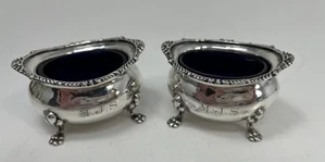 2 Vintage Silver Salt Cellars W/ Cobalt Blue Glass Insert Initials MJS - Picture 1 of 10