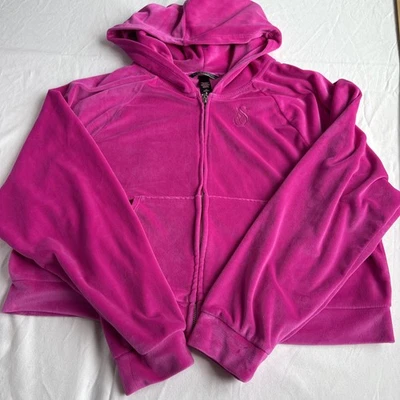 Victoria's Secret Cropped Hoodie Full Zip Bright Pink Velour Womens L - Image 1 of 4