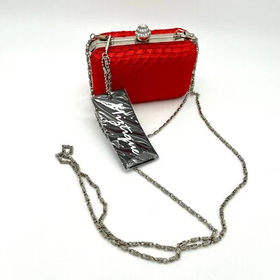 Miztique Red Evening Bag Clutch Rhinestone Top Handle long Chain Party Wedding - Image 1 of 4