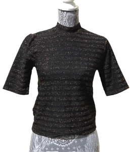 BB Dakota Metallic Women Sweater Striped Black Gold Short Sleeve Retro Mock Sz S - Picture 1 of 16