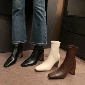 Women Ankle Boots Leather Size 4.5-7.5 Water Resistant High Heel Brown Beige New - Picture 1 of 43