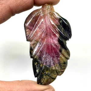 208 Cts Certified Natural Carved Tourmaline Leaf 71x35mm Bi Color Loose Gemstone - Picture 1 of 12