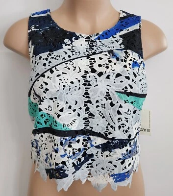 Top corto sin mangas Bar III L con superposición de encaje forrado con cuchara trasera floral elástico nuevo con etiquetas Foto 1 de 4