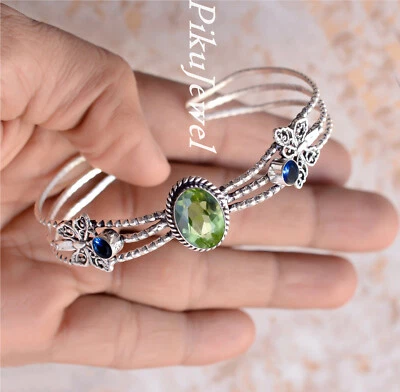 Facettierter Peridot mit Tansanit Edelstein 925 Sterling Silber Manschette Ha... - Bild 1 von 4