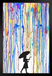 Girl With Umbrella Rain Colorful Watercolor Black Wood Framed Art Poster 14x20