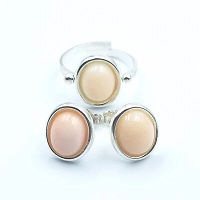 ANELLO E ORECCHINI DONNA CORALLO ROSA CREMA  ARGENTO 925 RODIATO ORO BIANCO   - Immagine 1 di 4