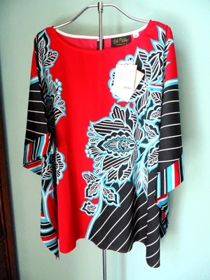 Новый BOB MACKIE носимый искусства верхний размер L цветочный пончо водопад туника красный черный - Изображение 1 из 4
