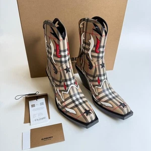 NIB Burberry Size 37 Beige Check MAtlock \Western Heeled Boots Cowboy&Cowgirl - Picture 1 of 15