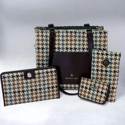 Spartina 449 Pata de Gallo Lino Cuero Bolso de Hombro 3 piezas Conjunto Cartera Marrón Verde Foto 1 de 4