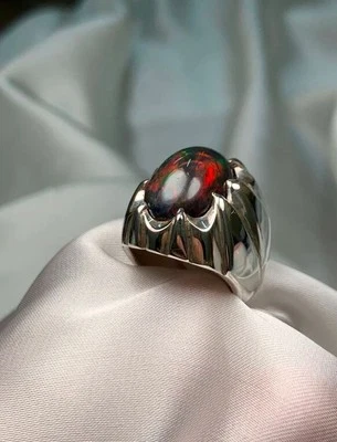 Anello da uomo in argento sterling 925 con opale di fuoco nero naturale con... - Immagine 1 di 4